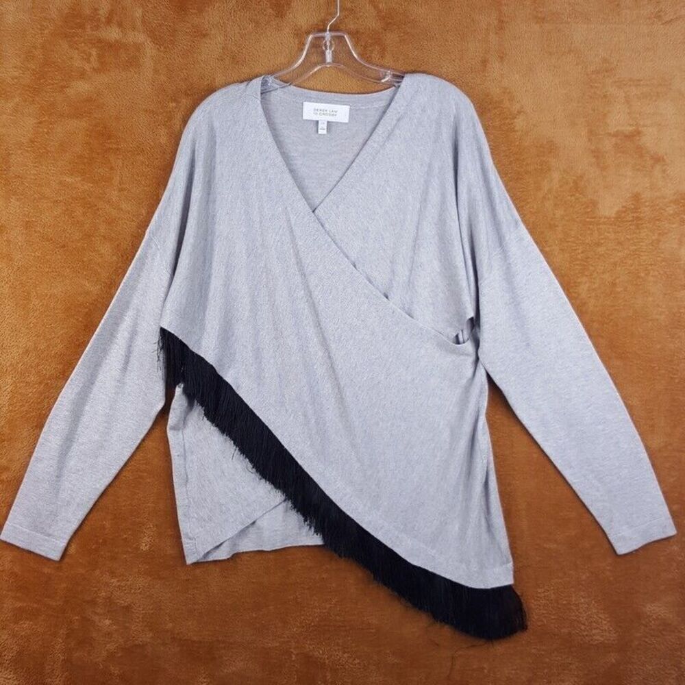 DEREK LAM 10 CROSBY Womens Sweater Large Gray Pullover Surplice Oversized Fringe